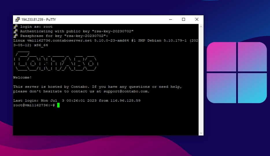 Successfully logged into VPS server using SSH key Server login successful