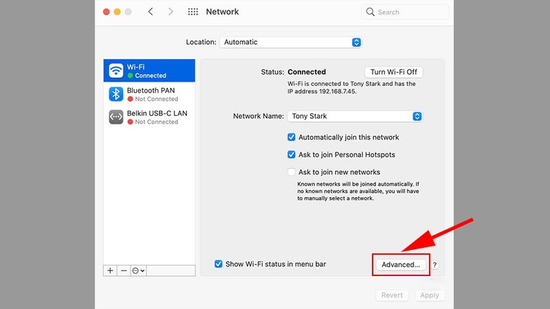Select Advanced... Click Advanced to change DNS for macOS