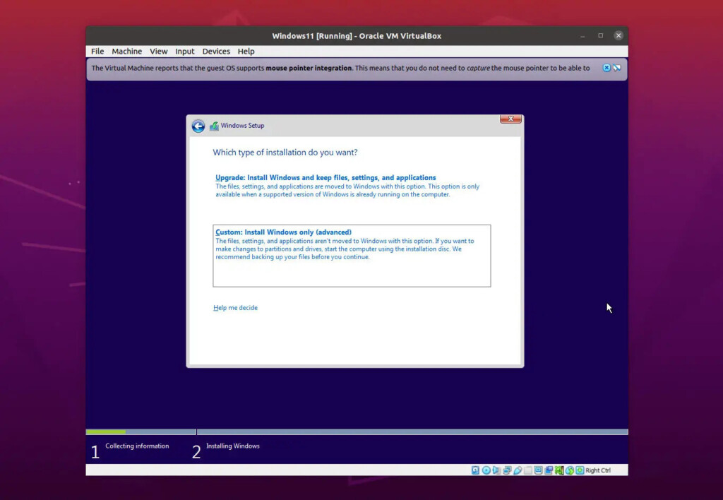 Windows 11 installation interface on VirtualBox
